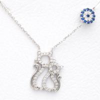 Zirkon Taşlı Kedi Figürlü Nazar Boncuklu Gümüş Kolye YSLE