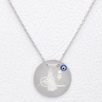 Osmanlı Tuğralı Lale Figürlü Nazar Boncuklu Plaka Gümüş Kolye KÇKB